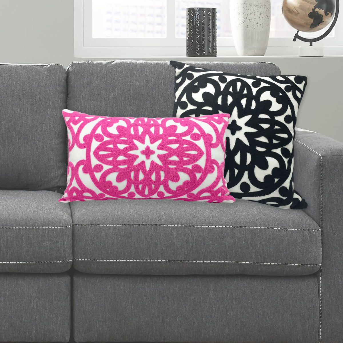 Boho Embroidered Lumbar Throw Pillow Cover 12"x 20" (Vivid Hot Pink / 20" x 12" (Pack of 1))