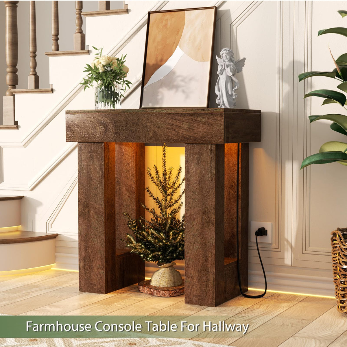 32" Entry Table with Sensor Light & AC Outlets with USB (Rustic Oak / 32IN)