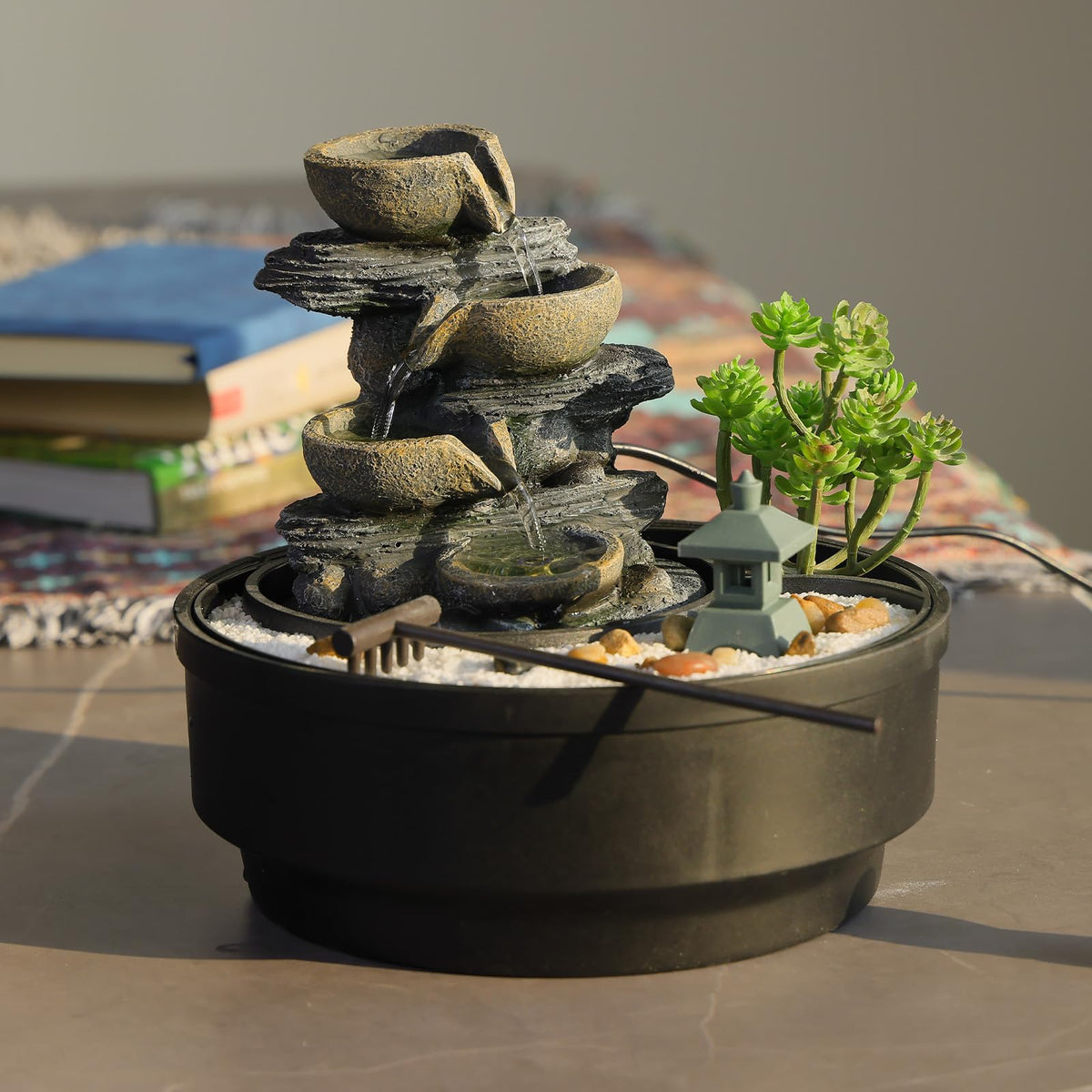 Indoor Tabletop Water Fountain with LED Lights & Pagoda (Gray_rock / 8.5 Inch)
