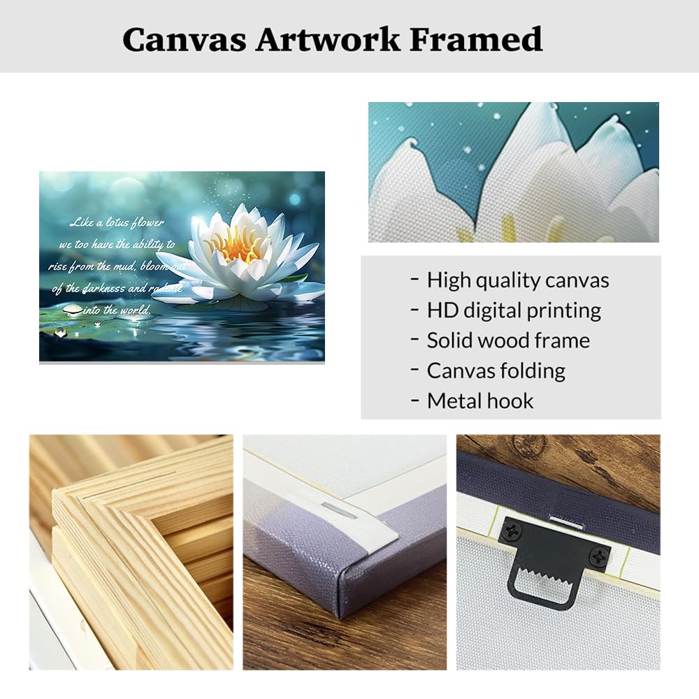 White Lotus Flower Wall Art Lotus Motivational Quotes Zen Decor for Bathroom Yoga Office Flower on Water Pictures Spa Canvas Prints Framed (Teal / 28" x 42")