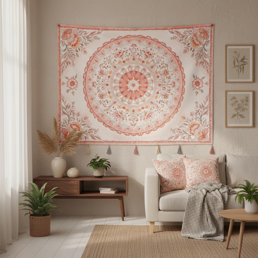 Pink Mandala Tapestry Wall Hanging Boho Floral Tapestry Aesthetic Watercolor Flower Medallion Cute Small Tapestries for Bedroom Living Room Dorm Decor 60 x 44 Inch (Bohemian / Peach Pink / 60"L x 44"W)