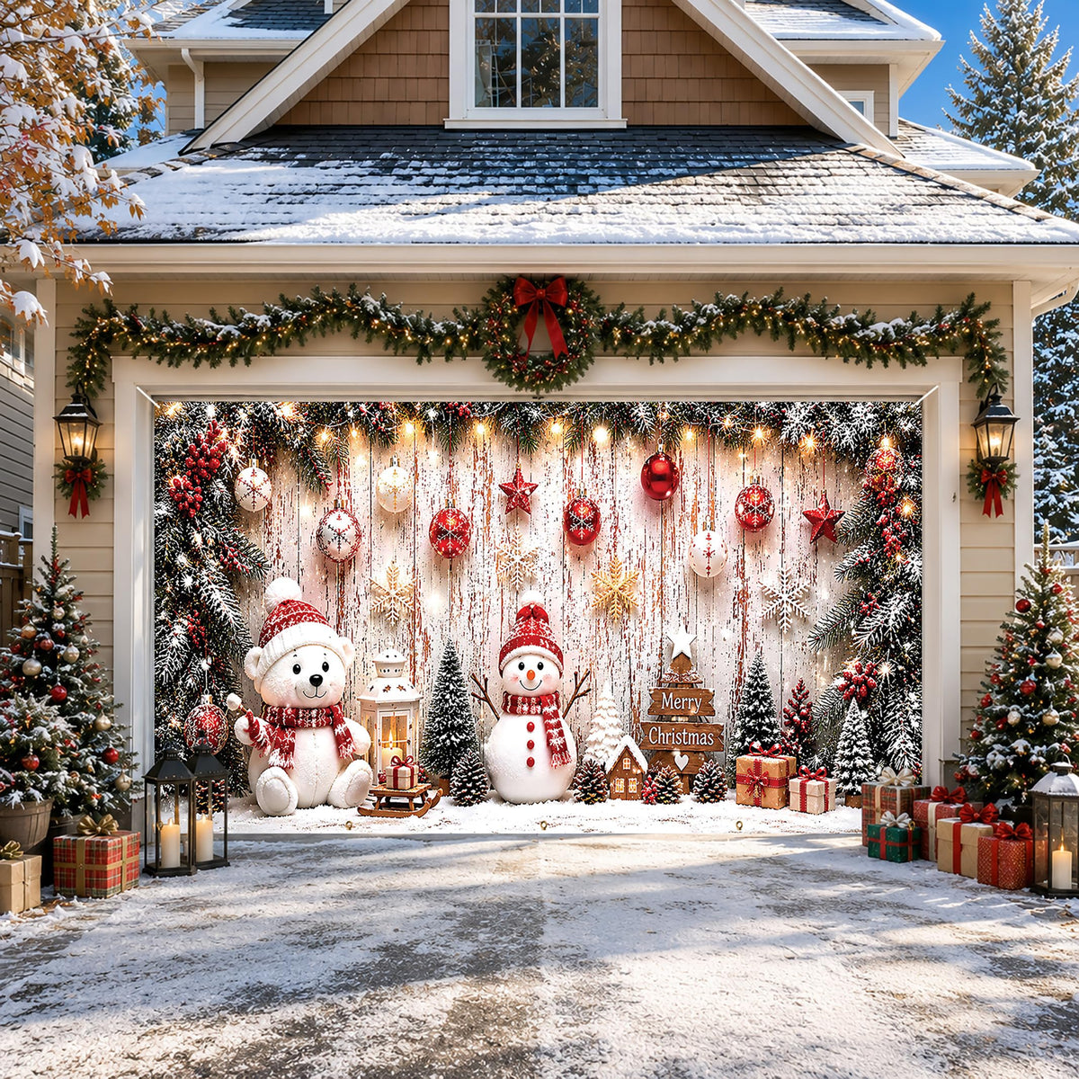 Christmas Garage Door Cover Bear & Snowman Party Backdrop 6x13FT (Christmas Background)
