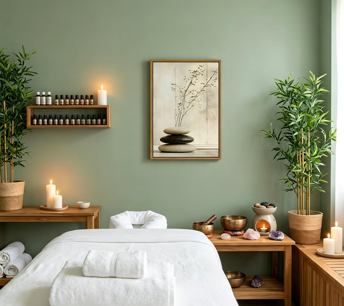 Floating Framed Zen Stone Canvas Wall Art (Stones and branches / 16L"x12W")