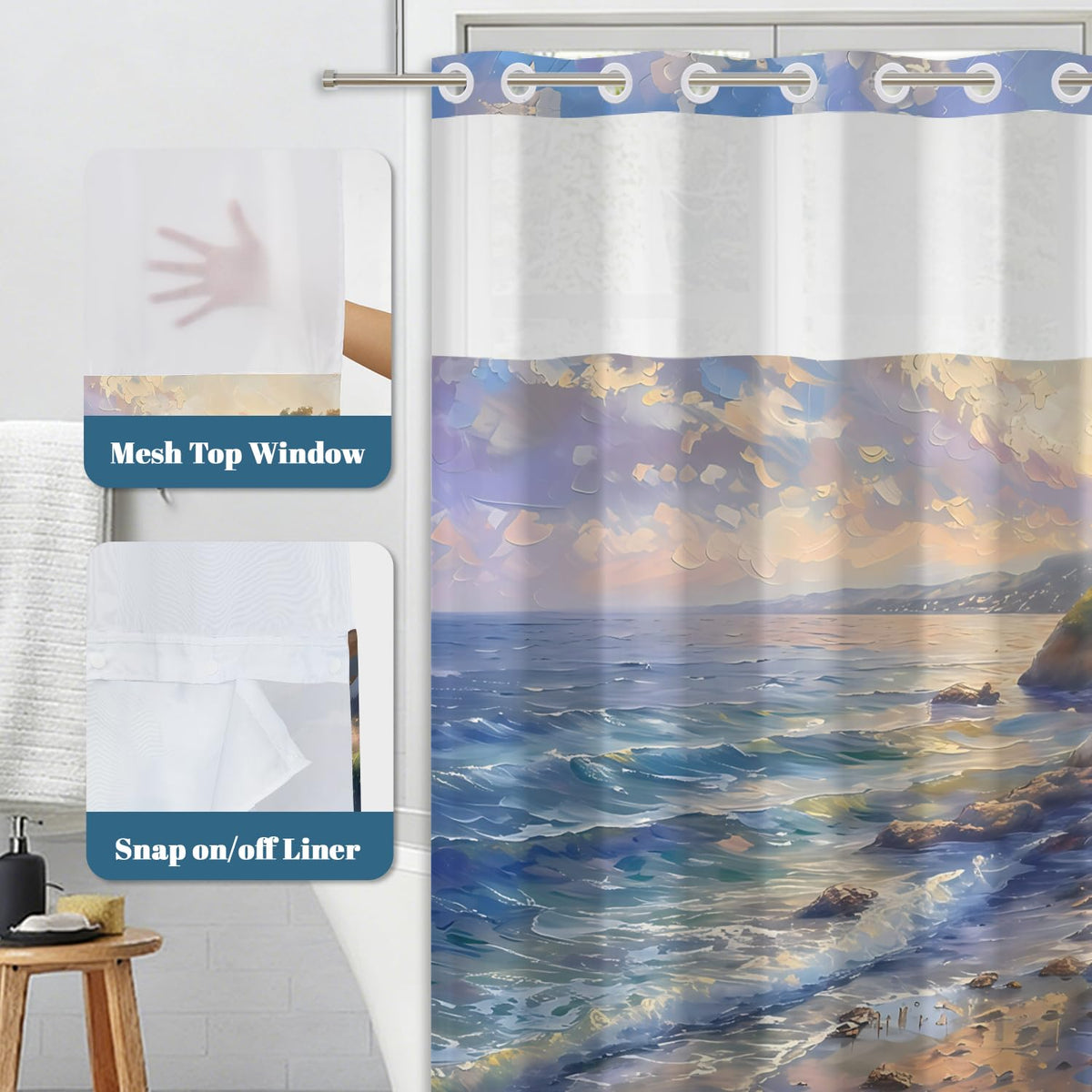 Coastal Ocean Shower Curtain No Hooks with Liner (Seascape)