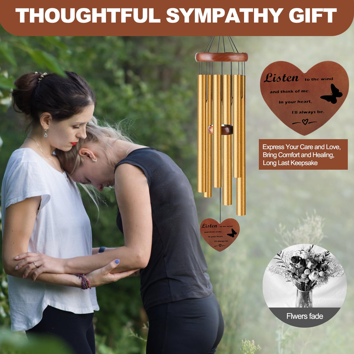 Memorial Wind Chimes for Loss of Mother or Father (Gold - Heart Shape Memorial)