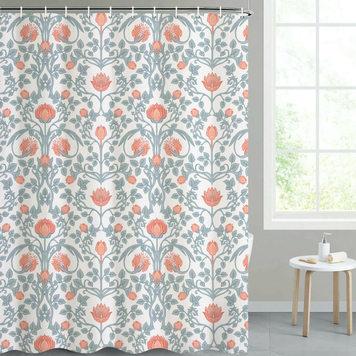 Art Nouveau Floral Print Waterproof Fabric Shower Curtain with Rings (Classic Flora)