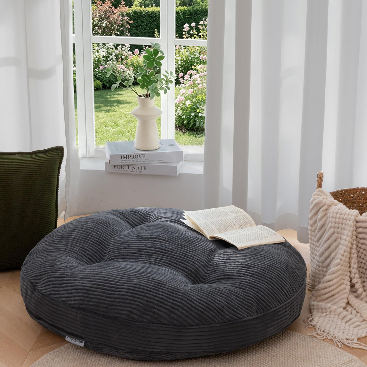 35" Floor Pillow Cushion for Adults (Dark Grey / 4" Thick Round)