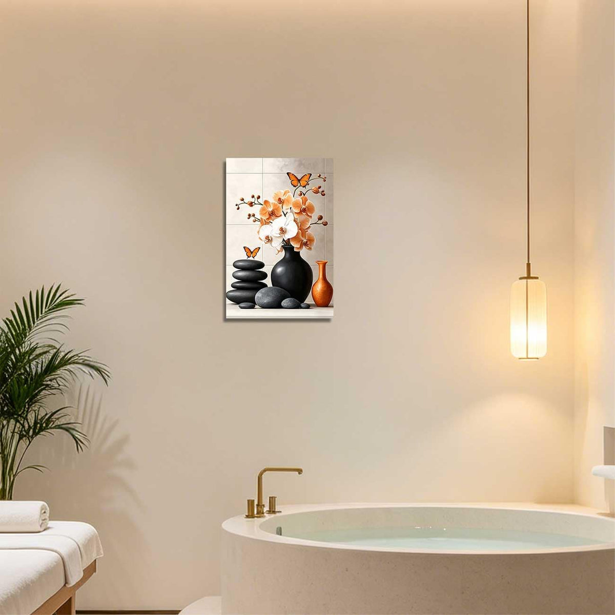 Orchid Flower Canvas Wall Art Zen Bathroom Pictures Prints Spa Stone Butterfly Wall Decor Black White Yoga Meditation Paintings for Living Room Bedroom (Orange / 30"L x 20"W)