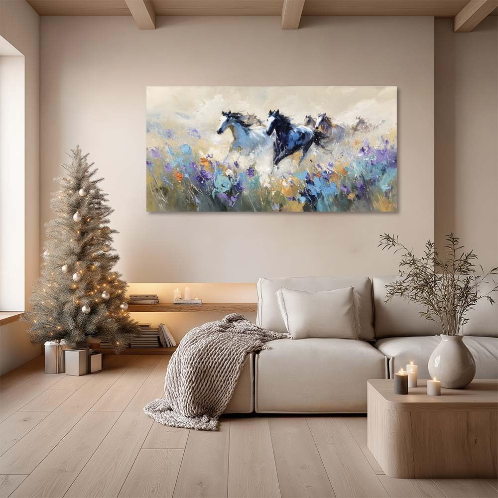 Running Horses Canvas Wall Art Wild Mustang Floral Field Painting Print Gallery Wrapped Rustic Animal Arrtwork for Living Room Bedroom Bathroom Decor (Abstract / White Wild Horses 1 / 46"L x 23"W)