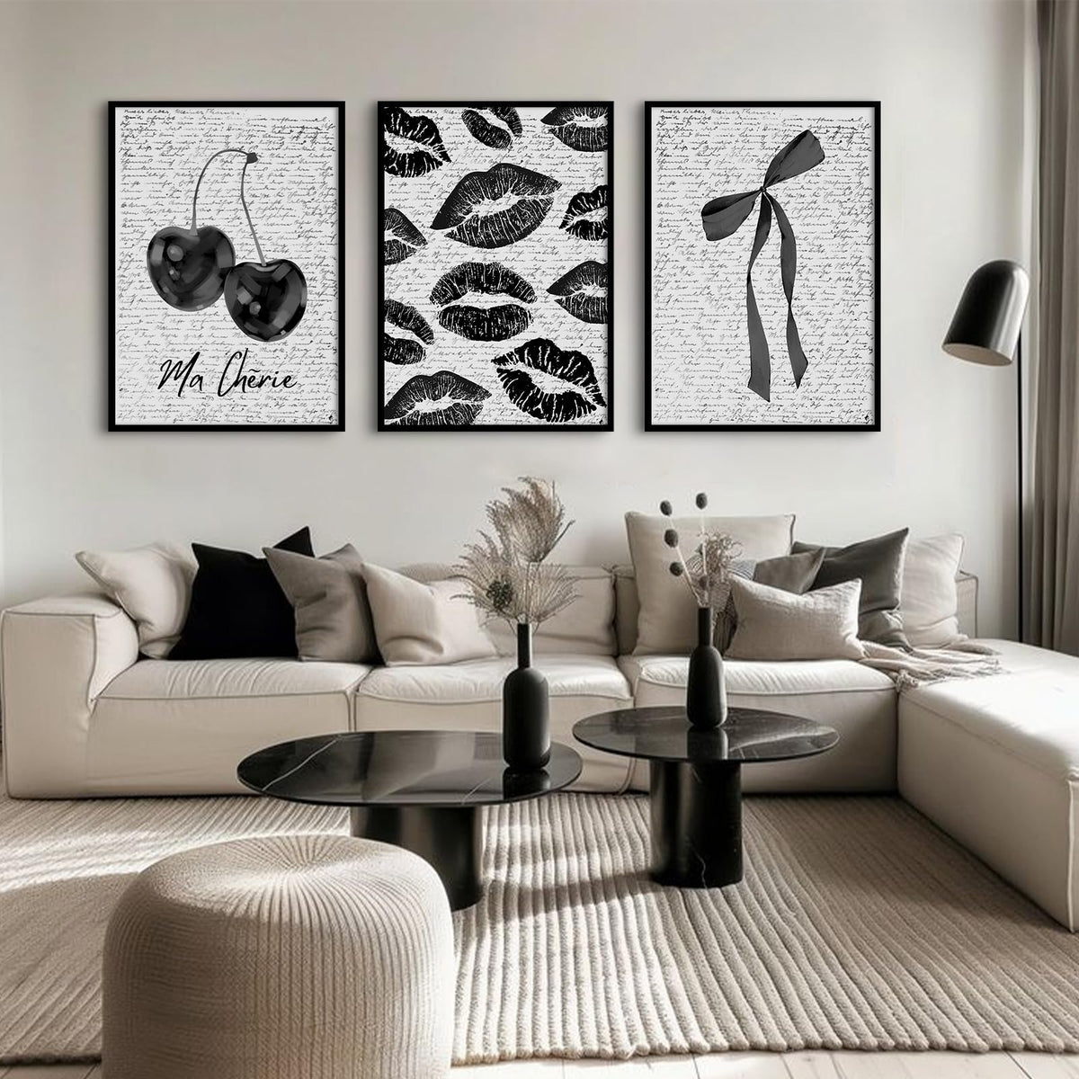 Black White Aesthetic Wall Art Coquette Bow Fashion Canvas Wall Decor Preppy Cherry Posters Vintage Girl Room Decor Bow Pictures Trendy Lips Kiss Prints for Girly Bedroom 16x24 Inch Unframed 3pcs (Black Lips Prints / 16x24 Inch Unframed)