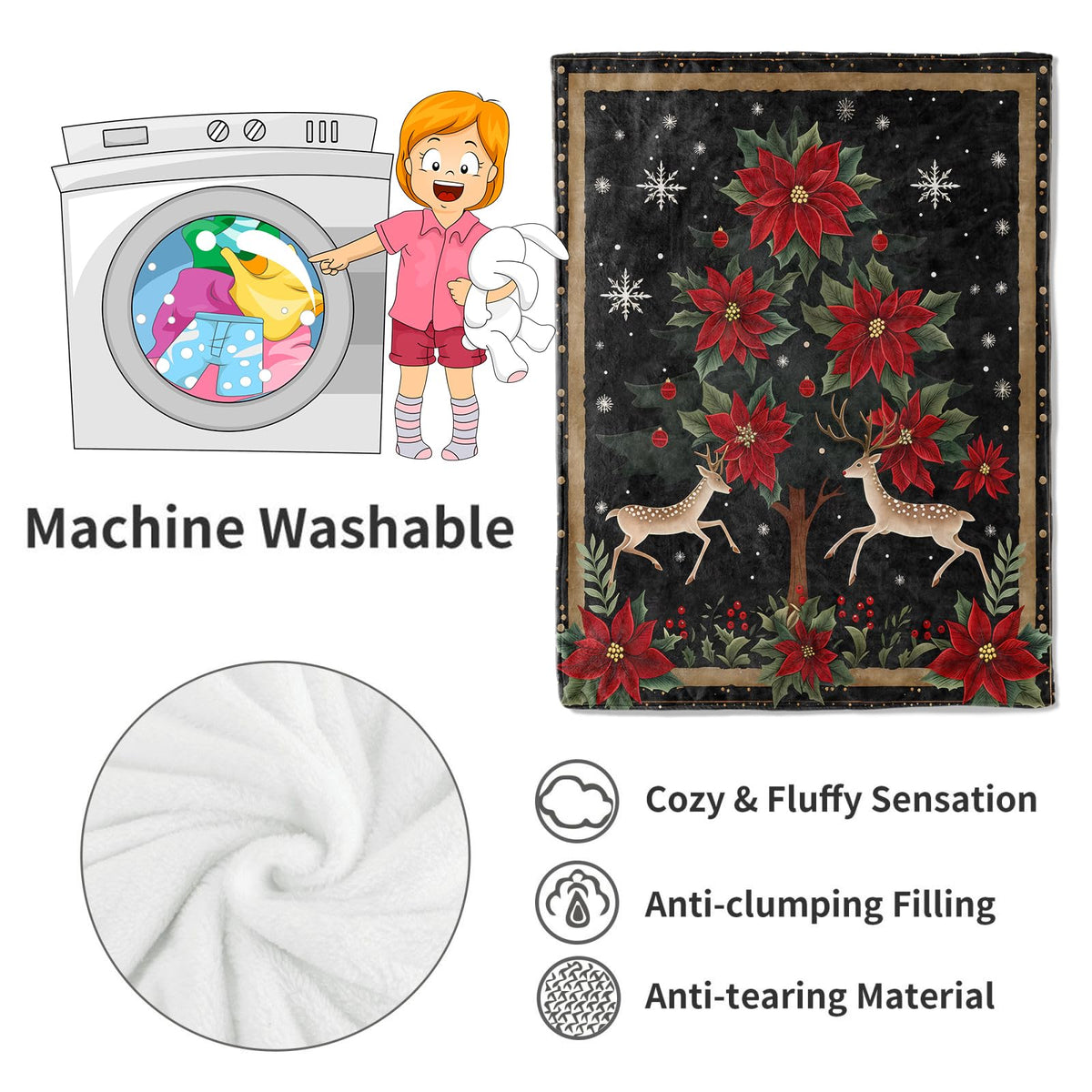 Reindeer Blanket Poinsettia and Tree Throw Blankets (40x50in / Reindeer)