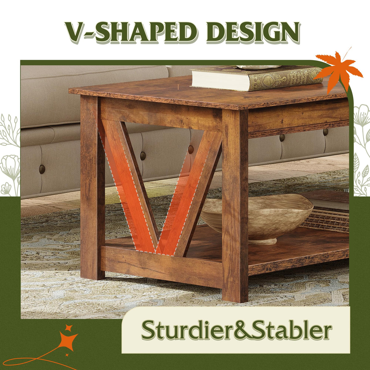 Coffee Table 43.3 Inch Farmhouse Table with Storage (Rustic Brown)