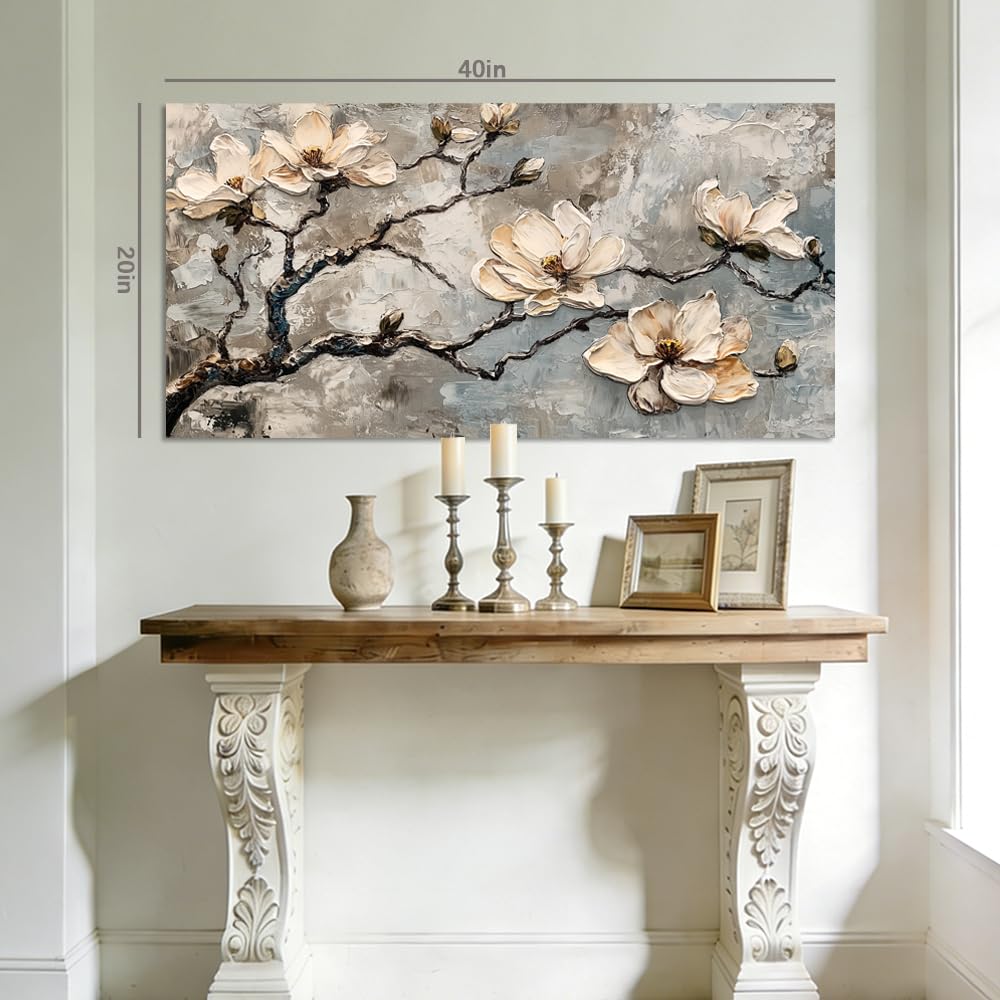 White Magnolia Canvas Wall Art Floral Branch Painting Grey Abstract Faux Texture Flat Print Gallery Wrapped Artwork for Living Room Bedroom Bathroom Decor (Bohemian / White Magnolia Blossoms 4 / 46"L x 23"W)
