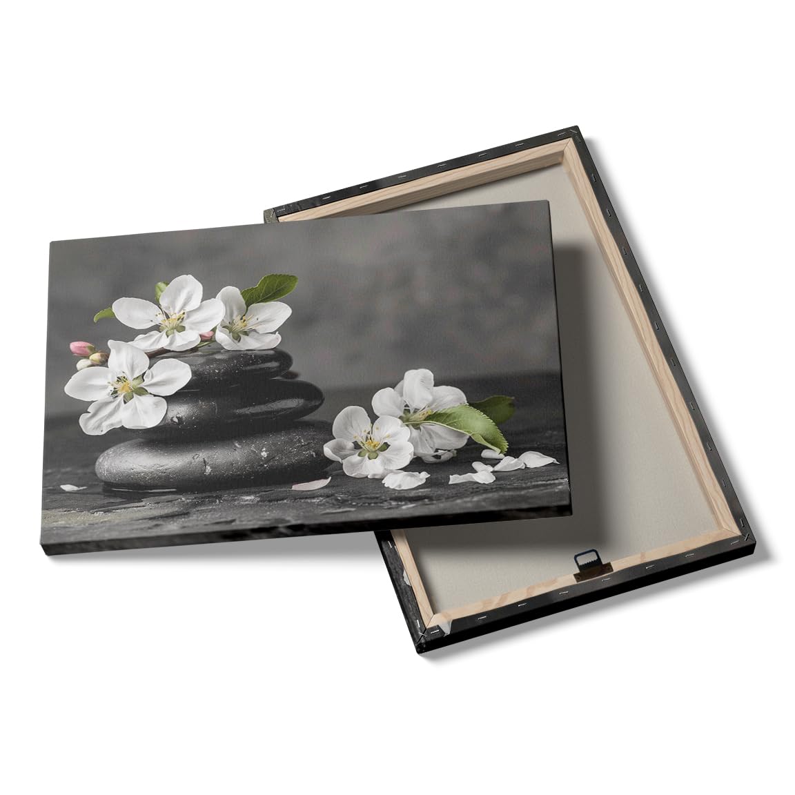 Zen Black Stones and White Flowers Wall Art (Wood Framed-9 / 20"L x 30"W)