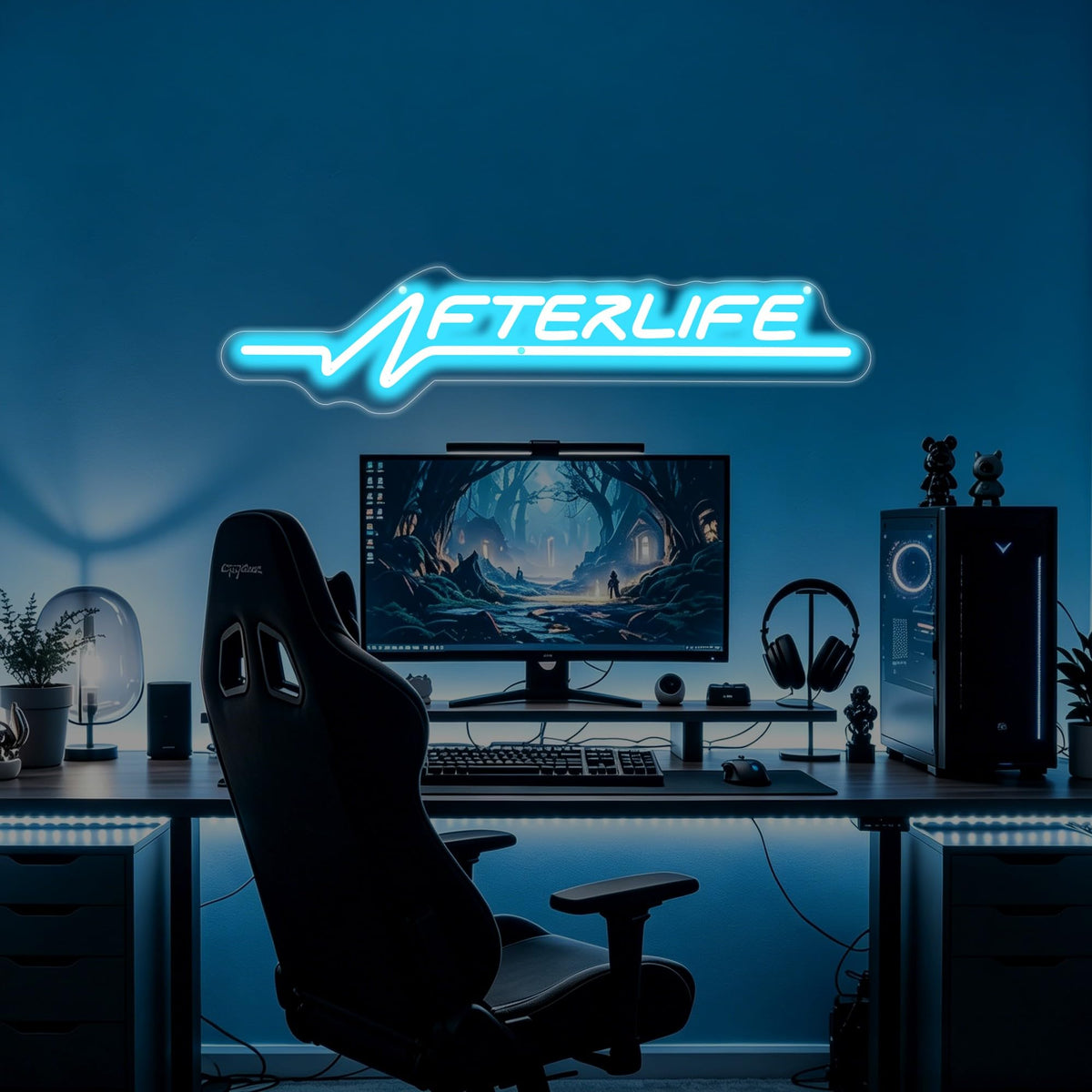 Futuristic Cyberpunk Neon Sign Game Room Wall Decor Man Cave (Afterlife-Ice Blue)