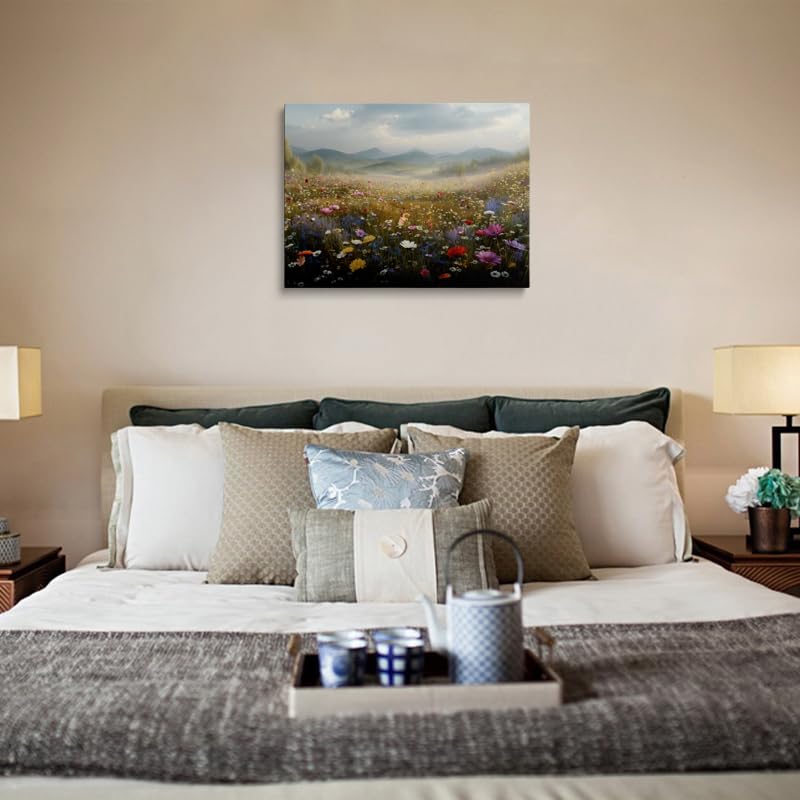 Vibrant Wildflower Meadow Canvas Wall Art Framed Landscape Painting Colorful Floral Field Poppy Lavender Hills Calming Nature Wall Decor Artwork Print Poster 12x16 Inches (wildflowers1 / 16"L x 12"W)