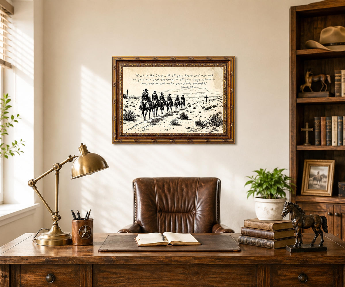 Vintage Gold Framed Christian Western Cowboy Bible Verse Wall Art (Antique Gold, Cream, Black / 12"L x 16"W)