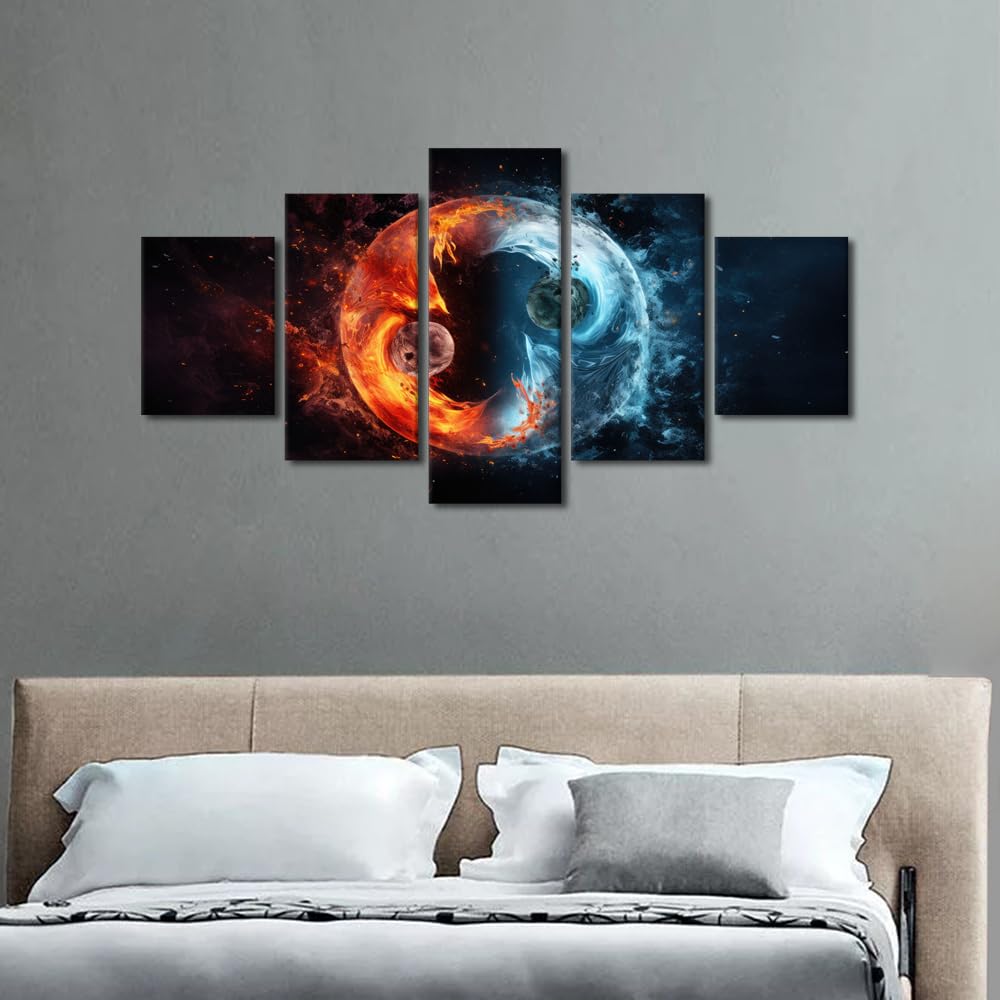 Wall Art Large Yin Yang Planetary Duality Framed Canvas Print Fire Water Orbital Design Multi Panel Artwork Contemporary Home Office Decor Galaxy Theme 60" Wx32 H (60''Wx32''H / Artwork-06)