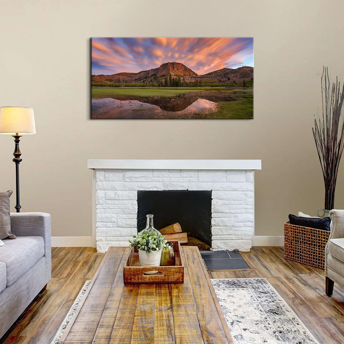 Burnt Orange Sunset Mountain Wall Art Sunset Nature Wall Decor for Office National Park Canvas Prints Panoramic Lake Reflection Paintings Posters Landscape Artwork Living Room Home Decoration 24x48” (48"L x 24"W / Field02)