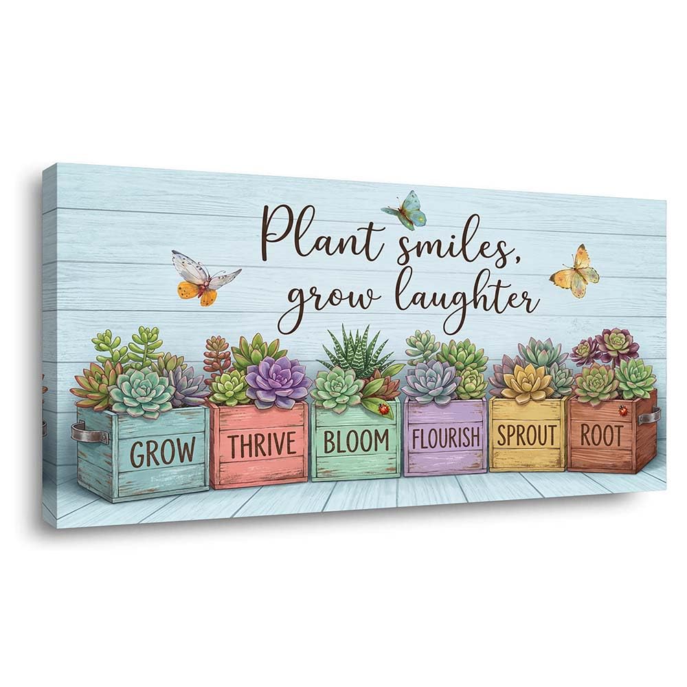 Rustic Succulent Canvas Wall Art Colorful Faux Wood Planter Box Painting Flat Print Gallery Wrapped Botanical Artwork for Living Room Bedroom Bathroom Decor (Bohemian / Yellow Succulent Garden 14 / 46"L x 23"W)