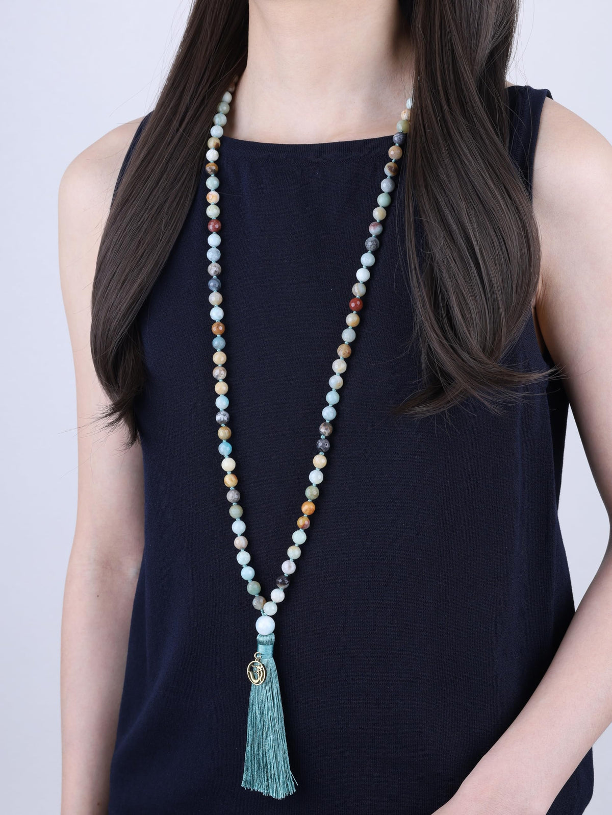 OM Charm Hand Knotted Tassel 108 Mala Beads Amazonite Stone Beaded Necklace 8mm (8mm / Faceted Amazonite)