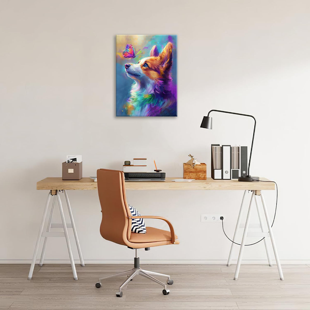 Colorful Corgi Canvas Wall Art Butterfly Painting Framed ArtWork 16"x20" (Colorful Corgi / 20"L x 16"W)