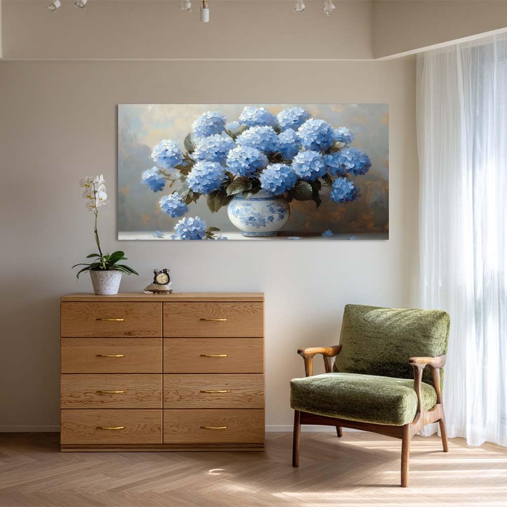 Blue Hydrangea Canvas Wall Art Floral Chinoiserie Vase Painting Flat Print Gallery Wrapped Classic Elegance Artwork for Living Room Bedroom Bathroom Decor (Bohemian / White Hydrangea Vase 2 / 46"L x 23"W)