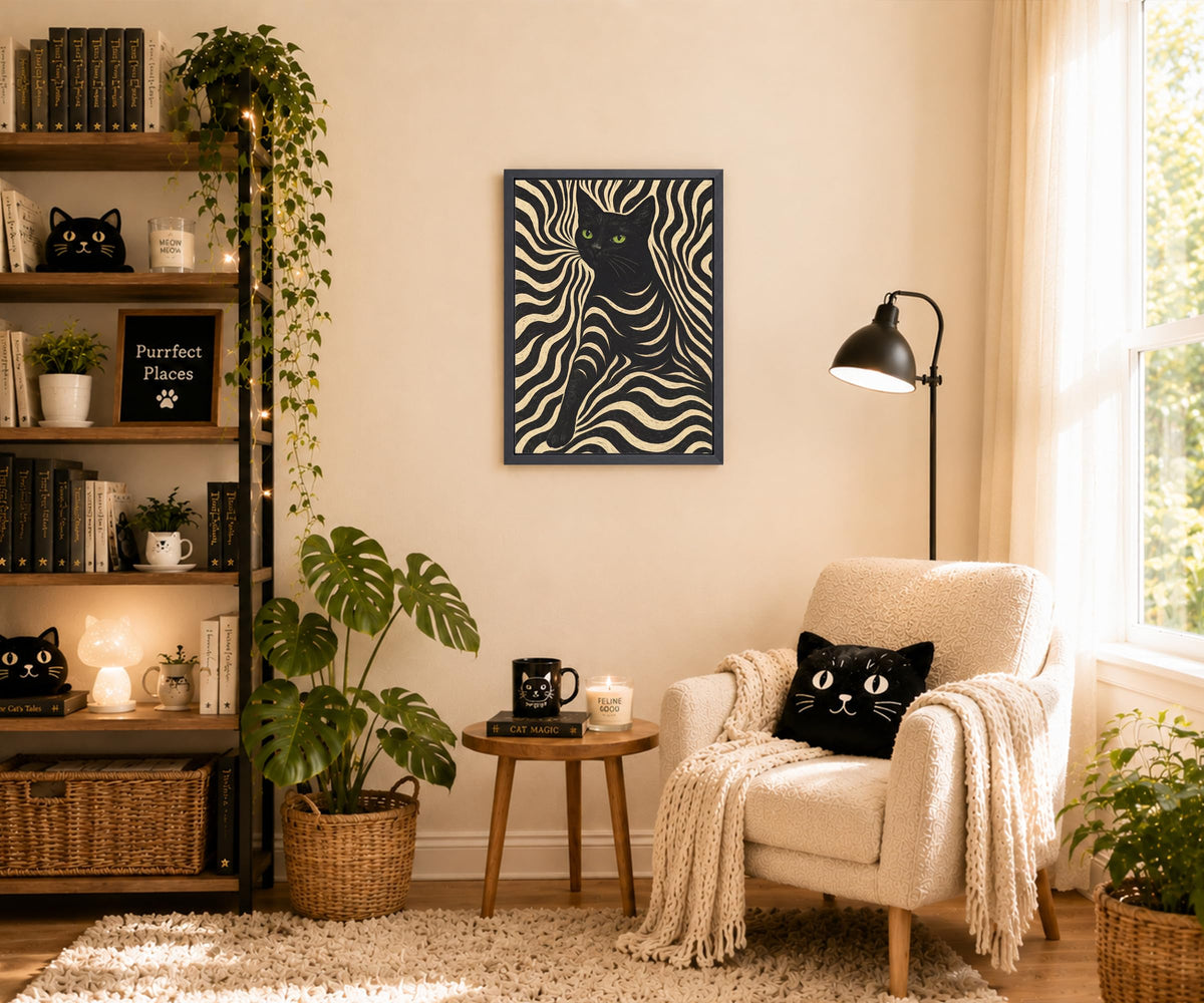Framed Black Cat Wall Art Zebra Pattern Poster (Black And Cream / 8"L x 10"W)