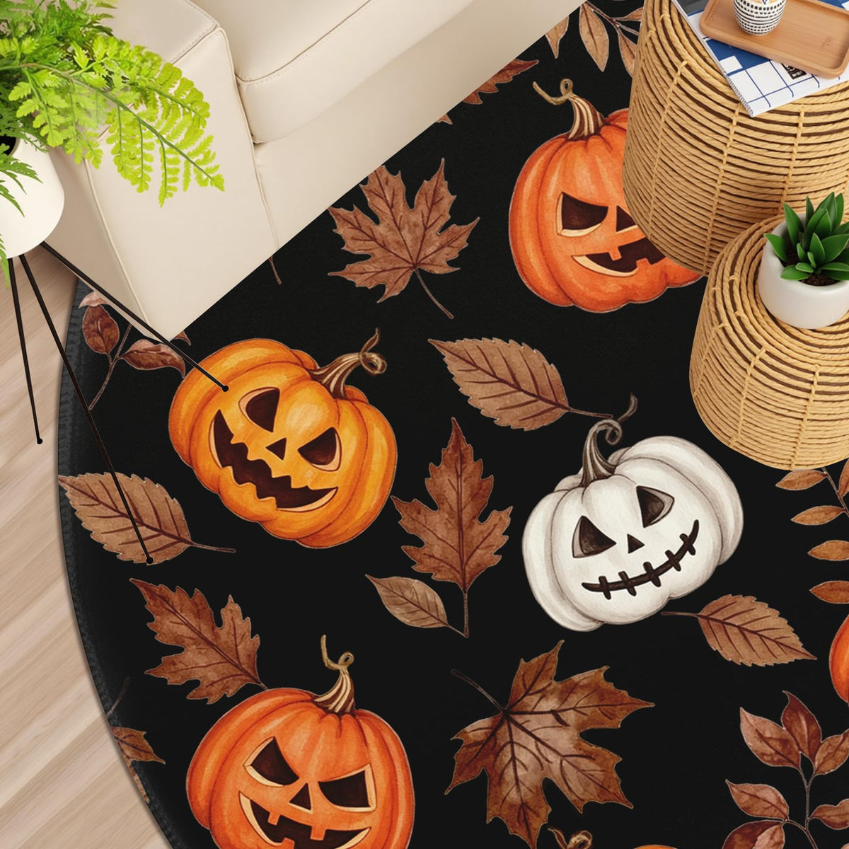 Halloween Round Area Rug 4ft (Spooky-orange White Pumpkin / 4' (Round))