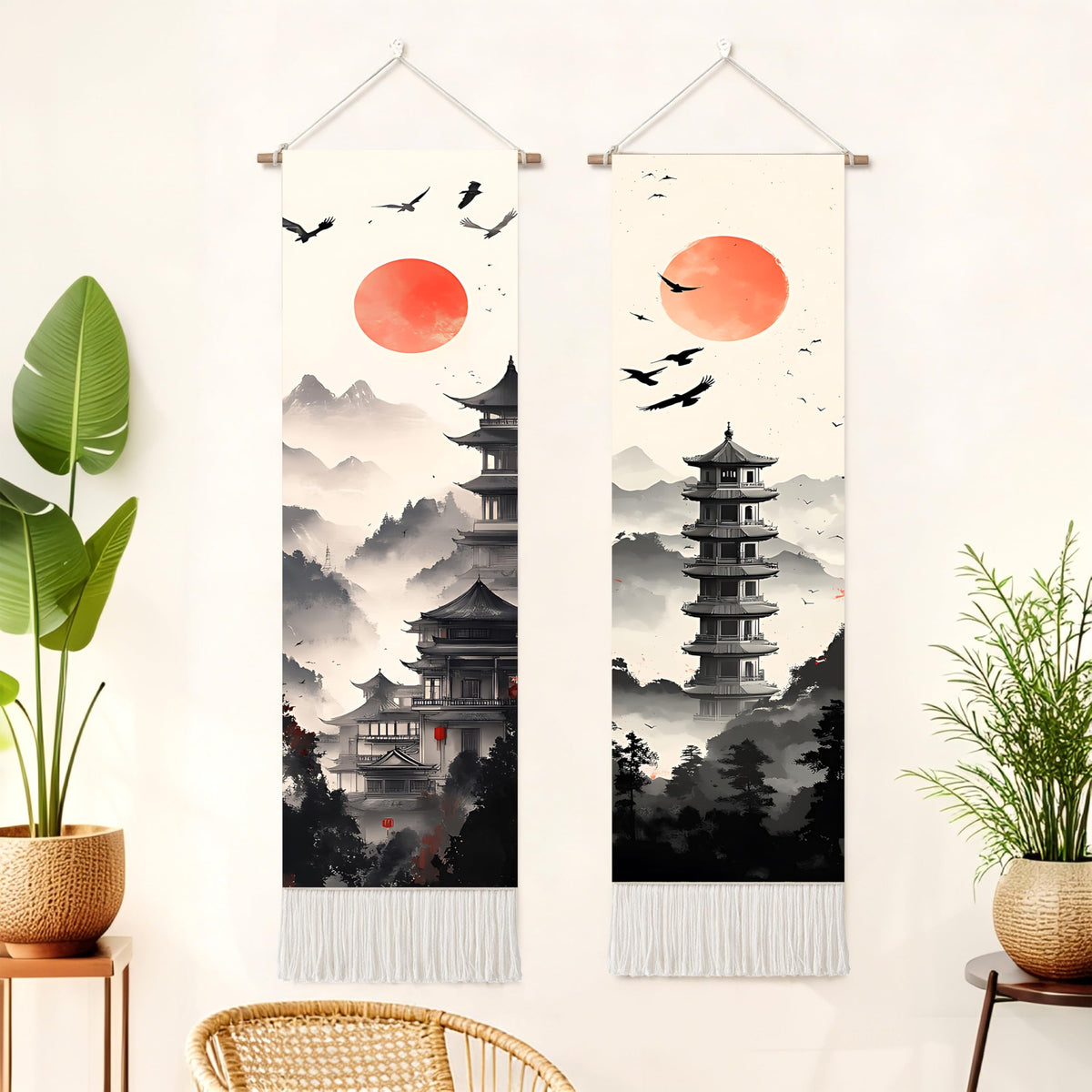 2 Pack Long Vertical Wall Tapestry (Zen Pagoda Twilight / 13"Wx51"H)