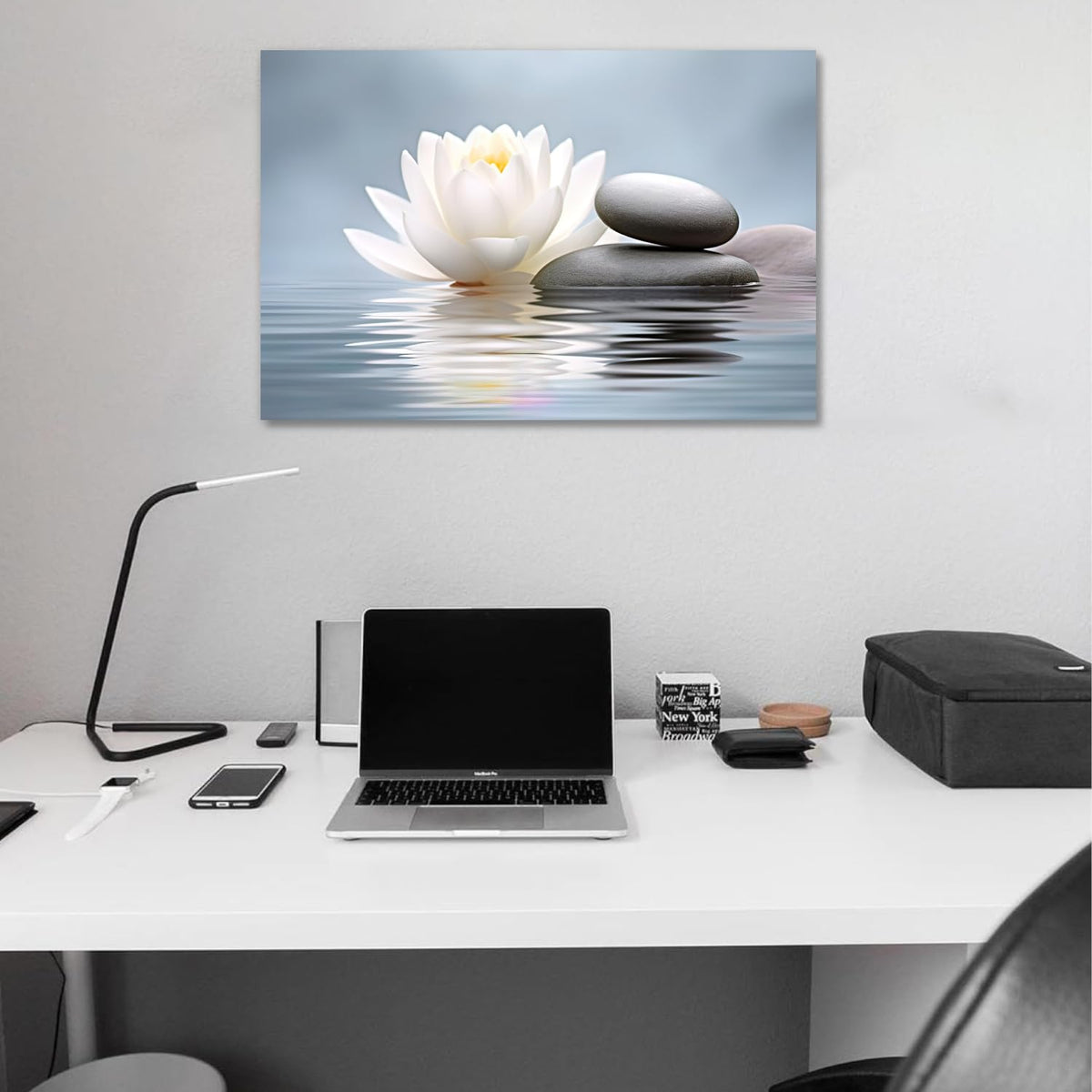 Zen Wall Art White Lotus Canvas Print Wall Decor Spa Massage Stones Picture Relax Calm Modern Meditation Painting Artwork for Yoga Spiritual Room Office Home Decor Framed (30"L x 20"W / Q - Blue)