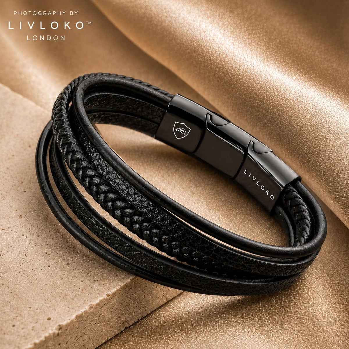 Mens Bracelet Leather Black Multi (C. Black Leather Adjustable / 7 IN)