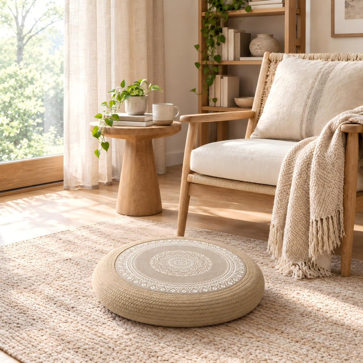 Handwoven Jute Pouf Ottoman (Yellow Brown White / 19.7"D x 19.7"W x 3.9"H)