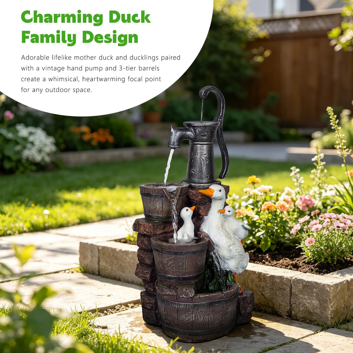 3 Tier Duck Family Barrel Outdoor Water Fountain