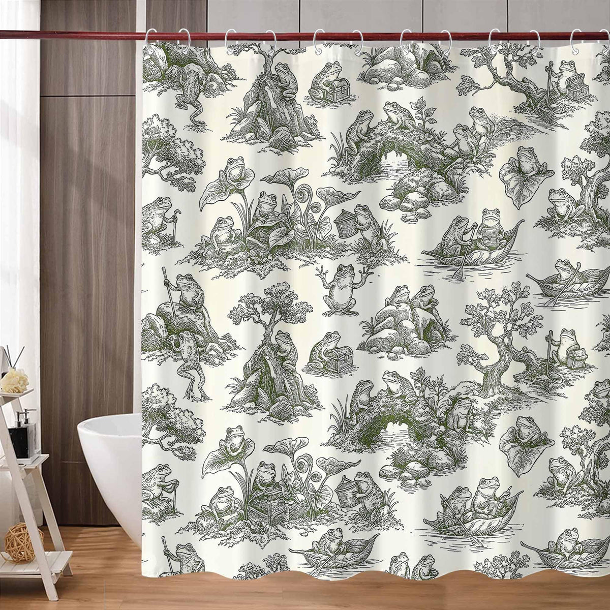 Vintage Frog Toile Shower Curtain Set (72"W x 72"L (Pack of 1) / White Beige)