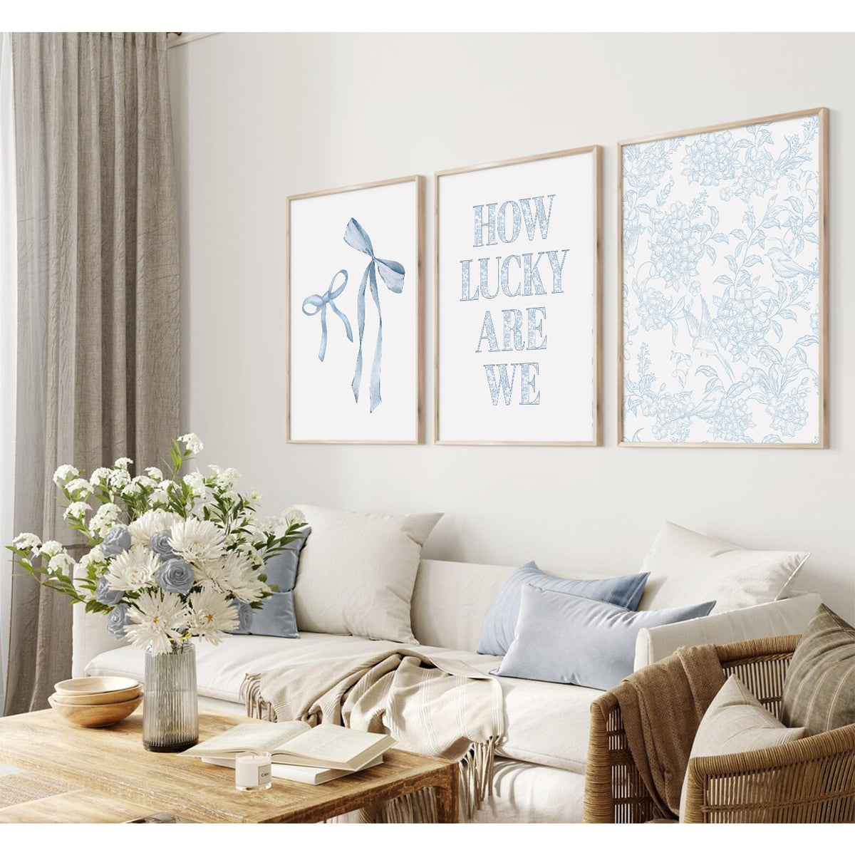 Light Blue Bow Floral Wall Art Preppy Coquette Canvas Wall Decor Aesthetic Trendy Poster Blue Bow Picture Chinoiserie Flower Painting How Lucky Are We Prints for Dorm Apartment 16x24x3 Inch Unframed (Blue Bow Art / 16x24 Inch Unframed)