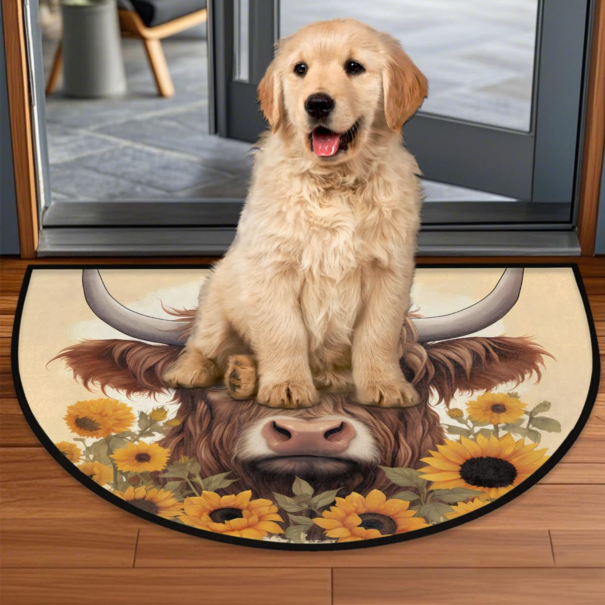 Half Round Door Mat Animal Highland Cow Sunflower Non (C 06)