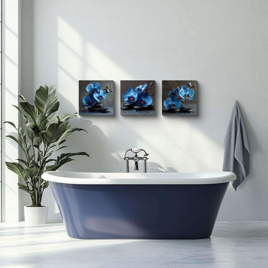 3PCS Blue Orchid Flower Wall Art Zen Spa Stones Canvas Print Water Droplets Floral Still Life Artwork Tranquil Botanical Modern Bathroom Bedroom Meditation Decor for Home Spa Office (20X20inchX3pcs / Blue Orchid)