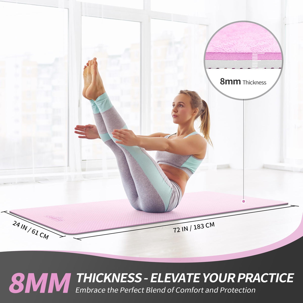 Pink Yoga Mat for Women Men Kids (Pink+Gray / 72*24*0.31 inch)