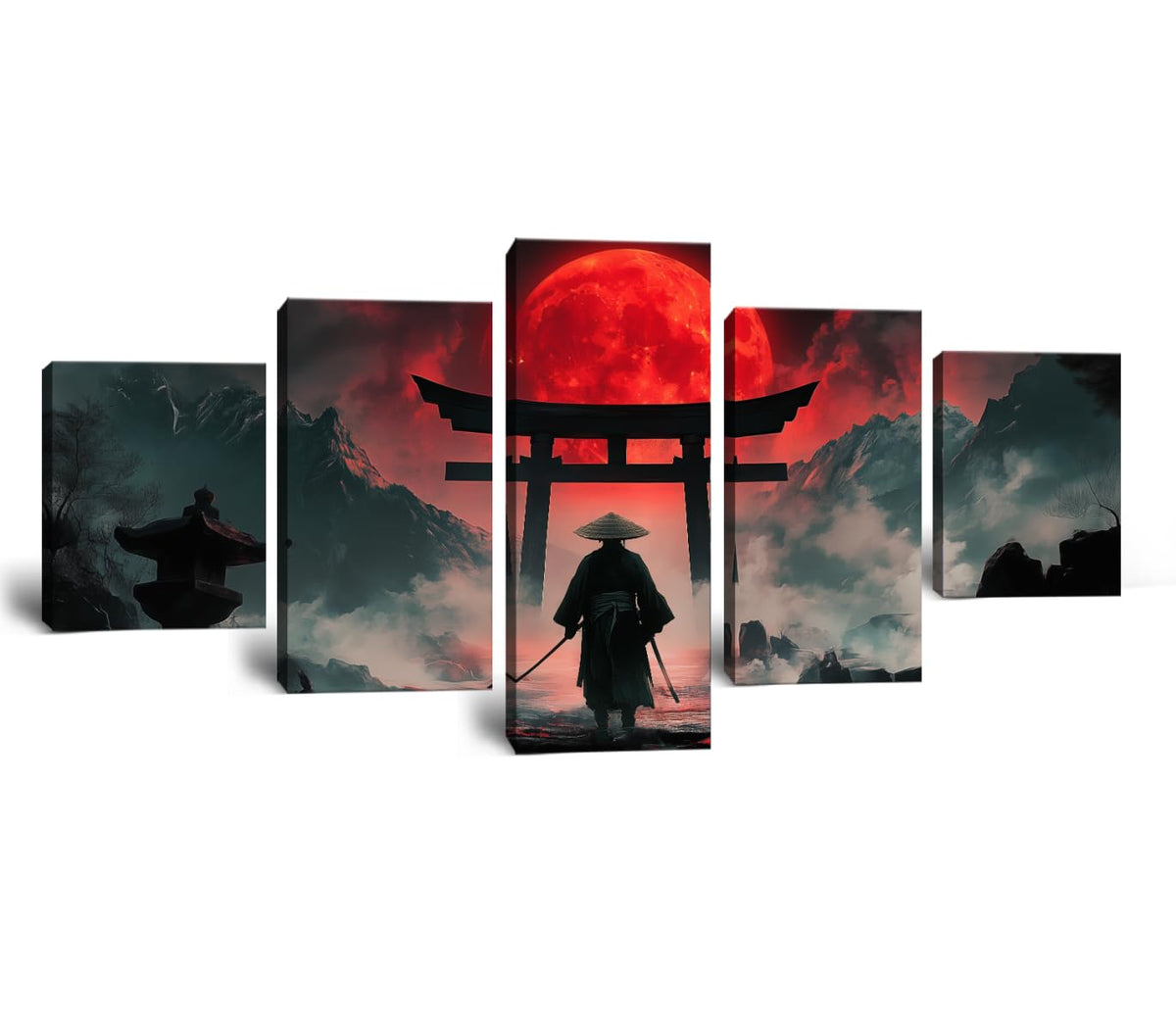 Japan Wall Art Samurai Canvas Artwork Asian Style Pictures Japanese Bushido Posters Prints Paintings Full Moon Ninja Wall Decor for Living Room Bedroom Home Decoration Framed 5 Pcs 60''W x 40''H (60"Wx40"H / Samurai 5P-15)