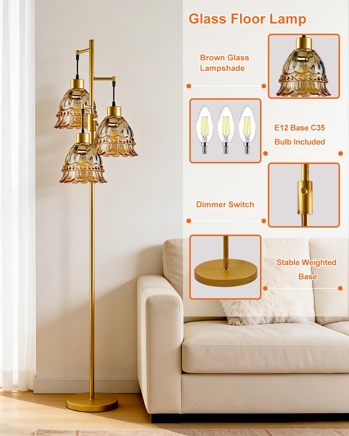 3 Lights Amber Glass Floor Lamp Dimmable Gold Floor Lamps Unique (3 Amber Bell-Gold)