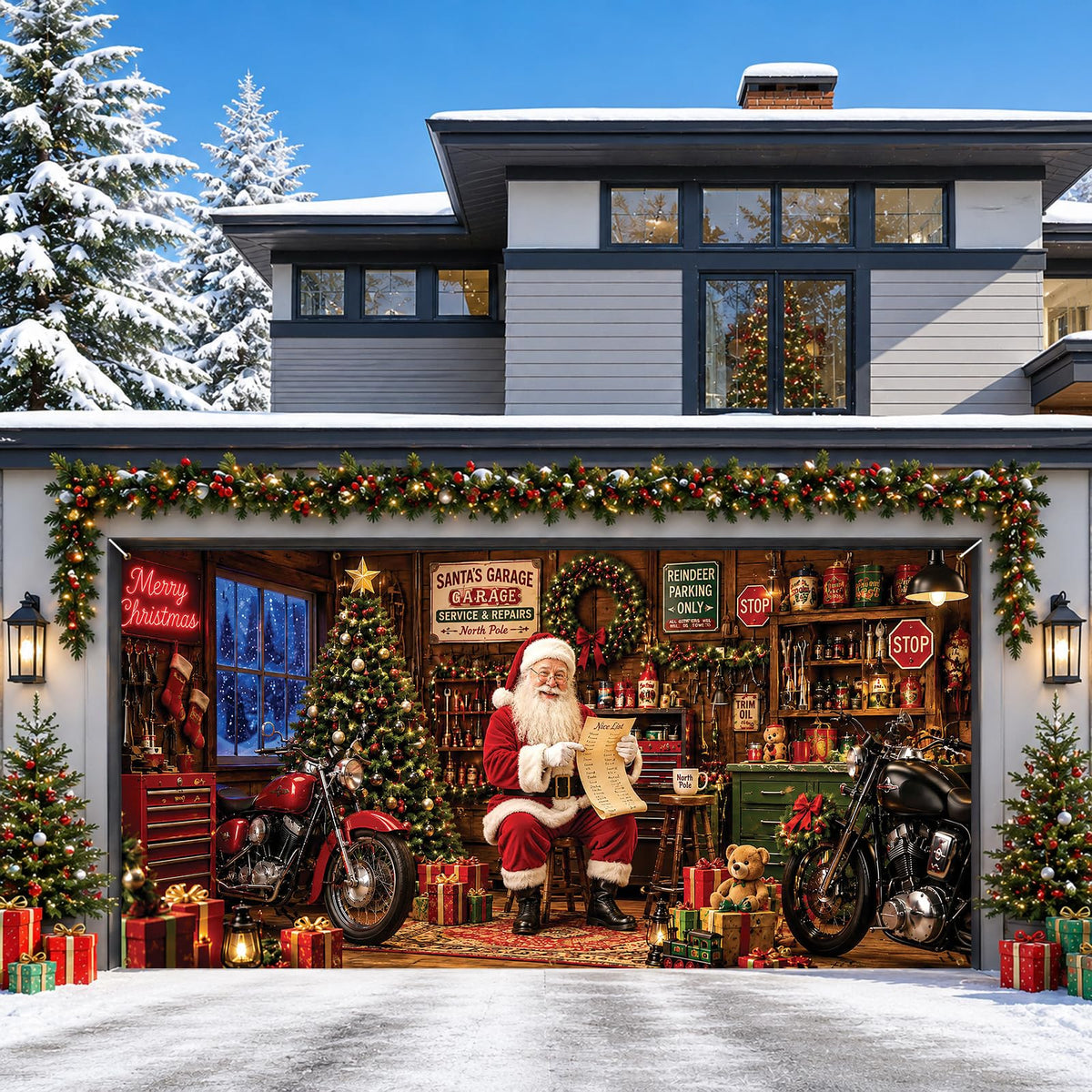 Christmas Garage Door Cover Banner Nostalgic Santa's Garage Backdrop (Santa Claus-2)
