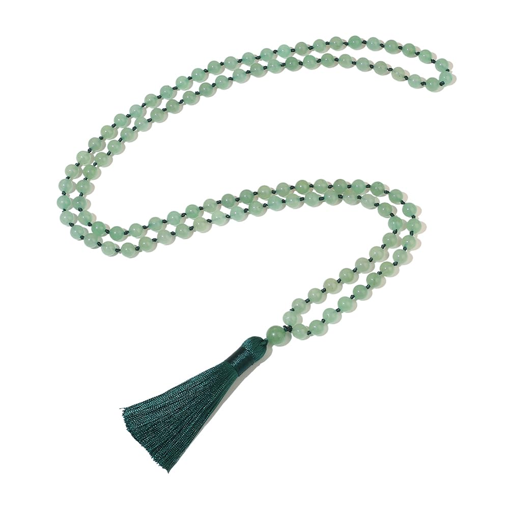 8mm Natural Stone Beads Knot 108 Mala Necklace Meditation Prayer Jewelry for Men and Women (Green Aventurine)
