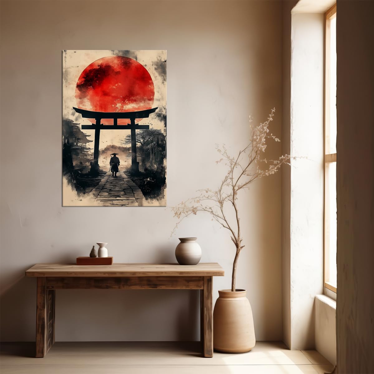 Blood Moon Torii Gate Samurai Ink Wash Canvas Framed Wall Art (24"L x 36"W / Samurai16)