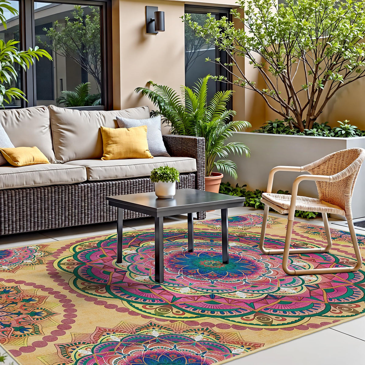 Meditation Indoor Outdoor Rug 4x6 ft Mandala Pattern Rug Boho Style (Khaki / 4 x 6 Feet)