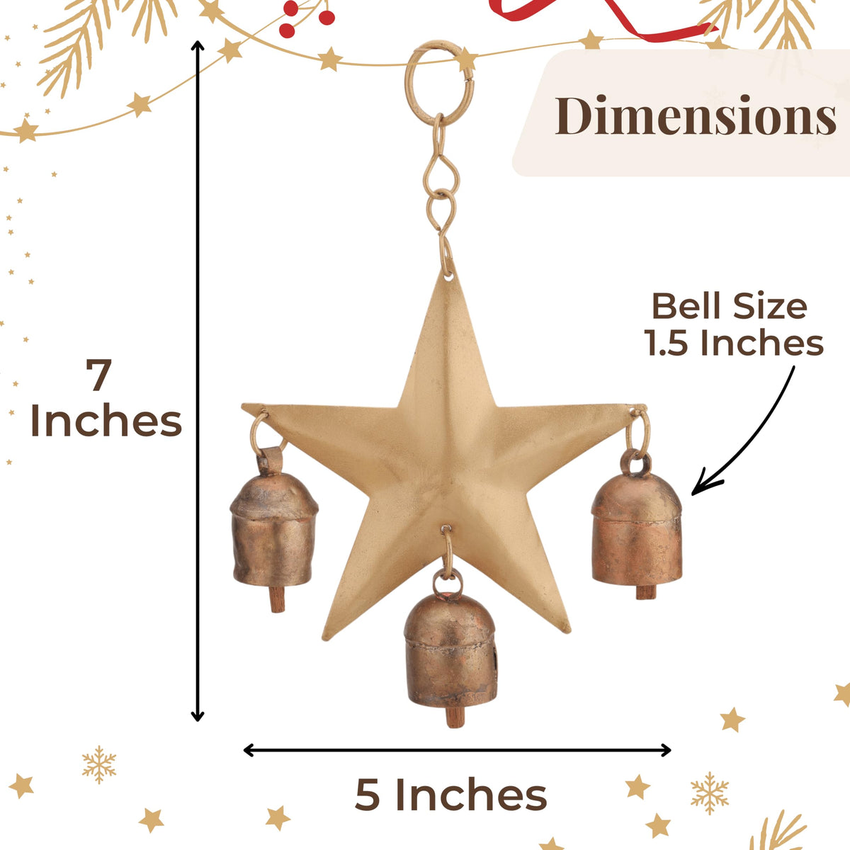 Wind Chime for Outside with 3 Rustic Cow Bells (Golden Star Chime)