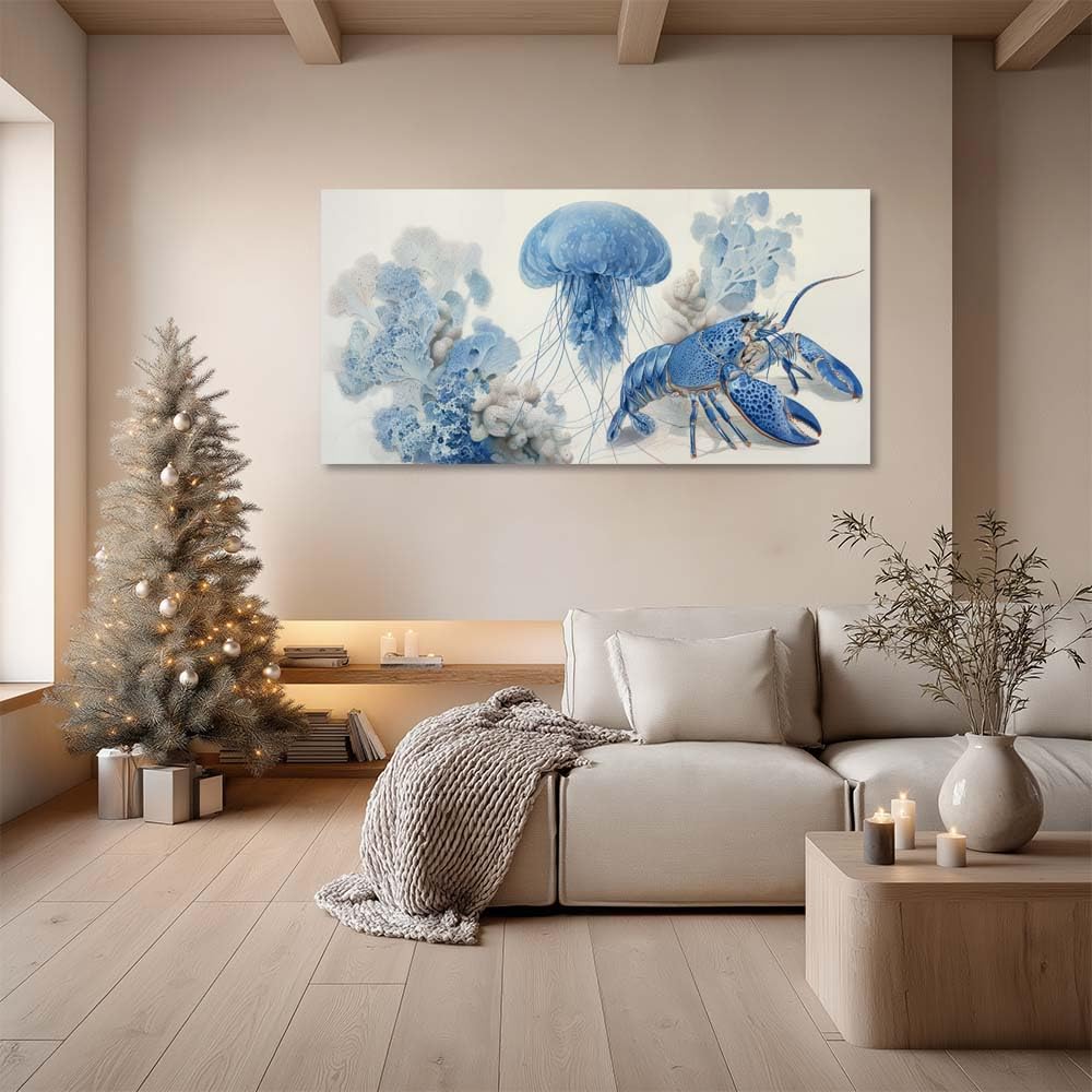 Blue Ocean Animal Canvas Wall Art Lobster Jellyfish Coastal Watercolor Painting Flat Print Gallery Wrapped Artwork for Living Room Bedroom Bathroom Decor (Retro / Blue Lobster and Jellyfish 29 / 58"L x 28"W)