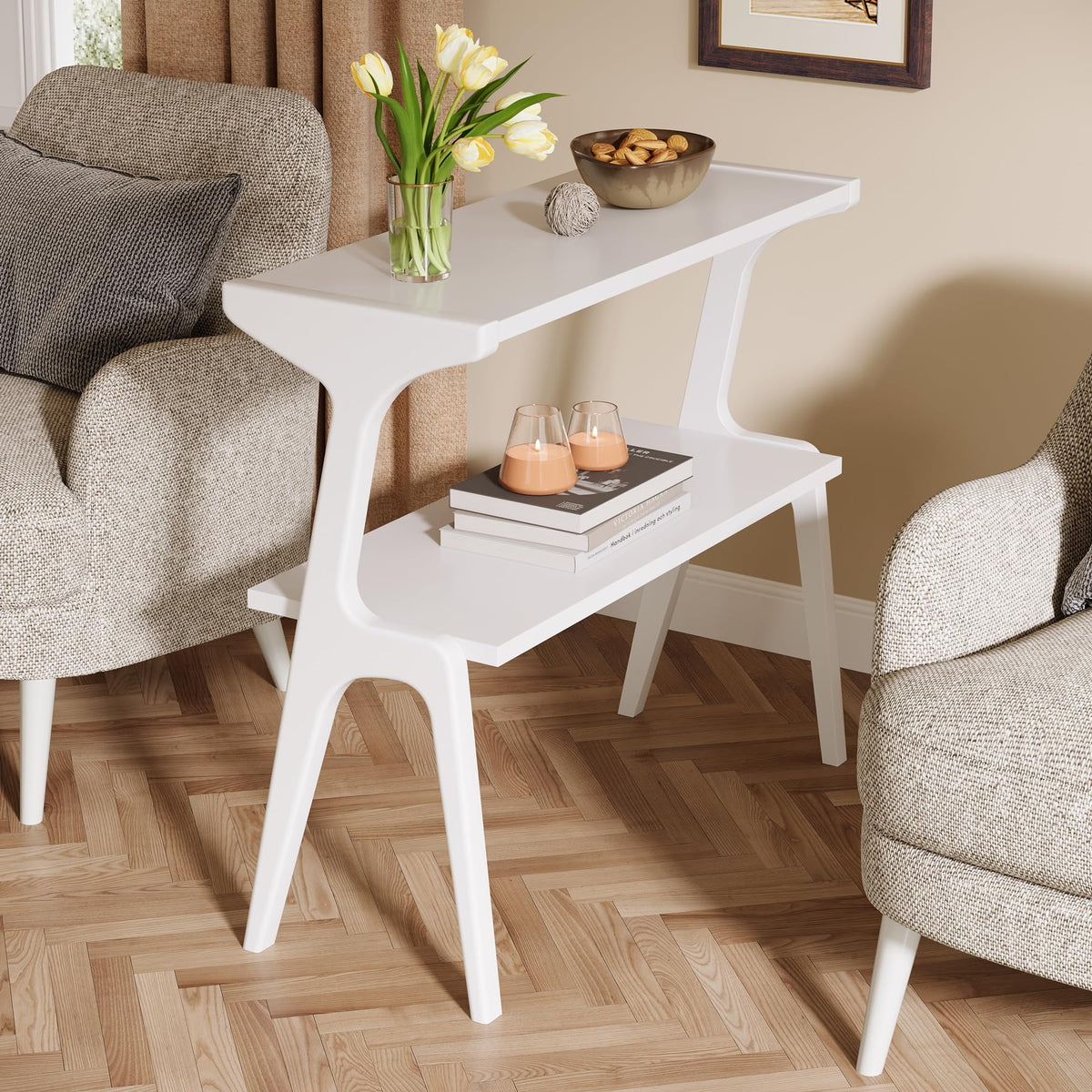 2 Tier Solid Wood Side Table (White)