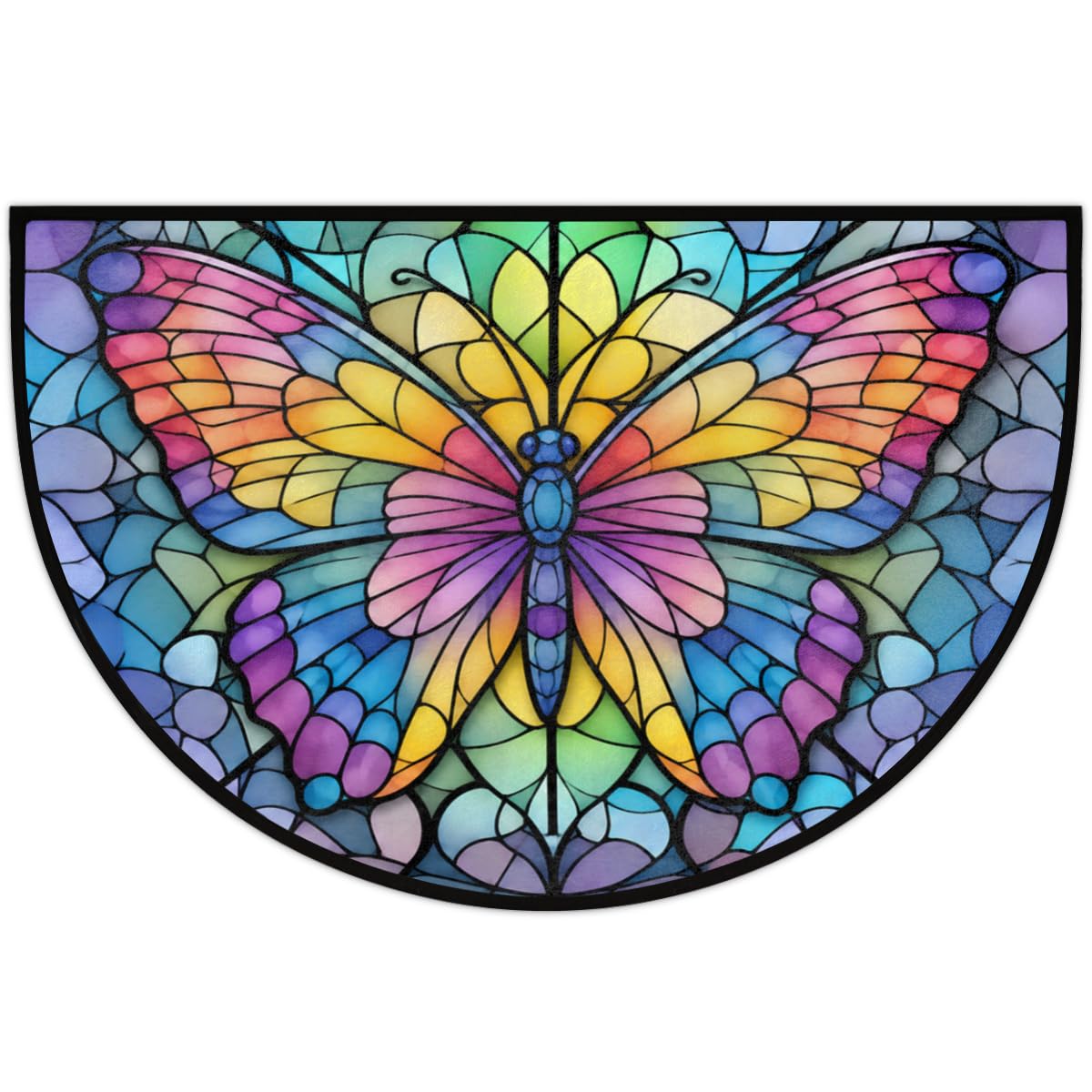 Colorful Stained Glass Butterfly Half Round Door Mat Indoor Entrance Low Pile Non Slip Absorbent Semi Circle Welcome Mats Doormats 36x24 in Floor Mats for Home Kitchen (Colorful Stained Glass Butterfly)
