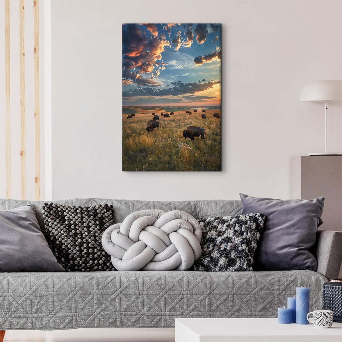 American Bison Wall Art Sunset Tallgrass Prairie National Park Poster Cow Pictures Canvas Wall Decor Nature Wilderness Landscape Painting Artwork for Living Room Office Home Decorations 16x24" (24"L x 16"W / Tallgrass Prairie)